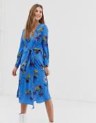 Influence Knot Asymmetric Wrap Front Floral Midi Dress In Blue - Blue