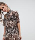 One Above Another Oversized T-shirt Dress In Leopard Mesh - Brown