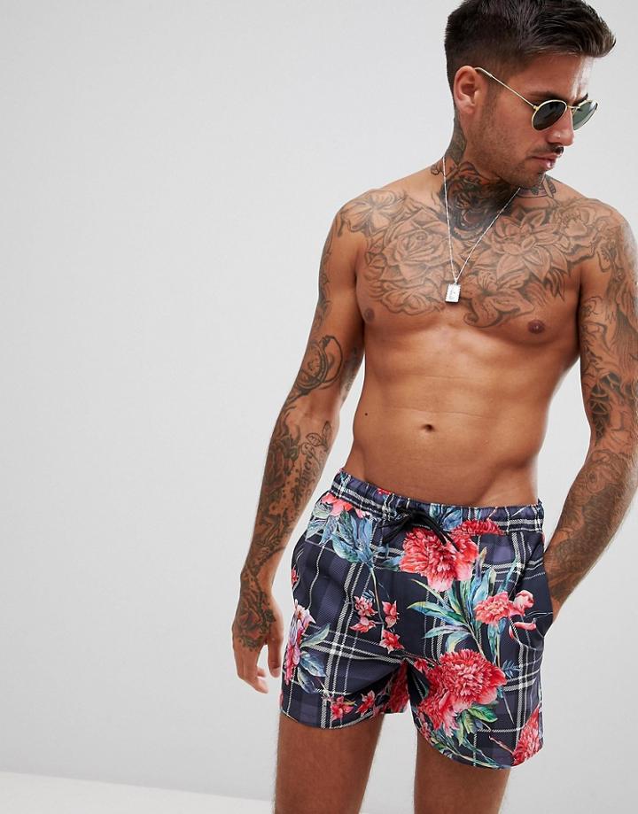 Asos Design Swim Shorts With Check & Floral Print In Short Length-black