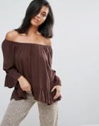 Minimum Off The Shoulder Floaty Bardot Top - Brown
