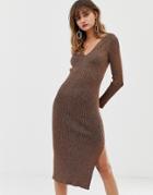 River Island Knitted Dress With V Neck In Bronze-copper