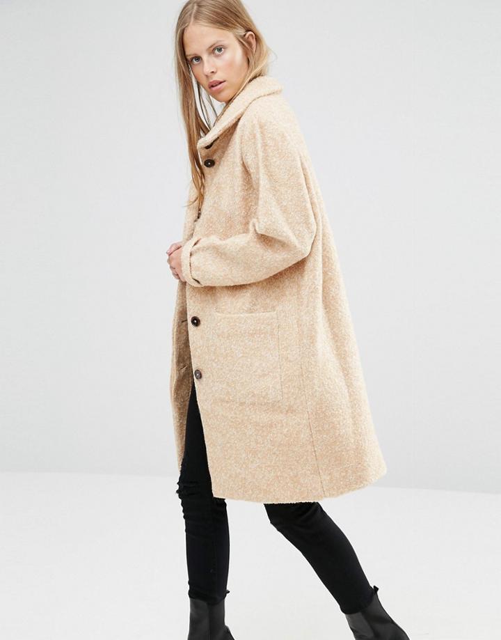 Ganni Funnel Neck Long Coat In Camel - Multi