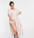 En Cr Me Plus Midi Smock Dress With Tie Waist In Pink Stripe-white