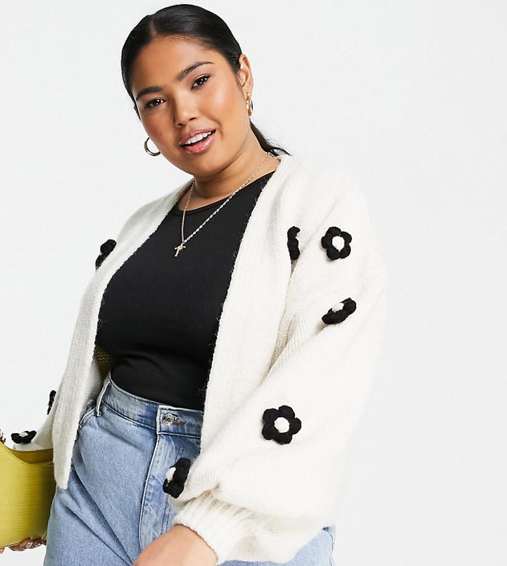 River Island Plus 3d Floral Cable Knit Cardigan In Cream-white