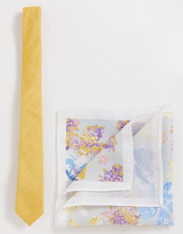 Asos Design Slim Mustard Tie With Floral Pocket Square