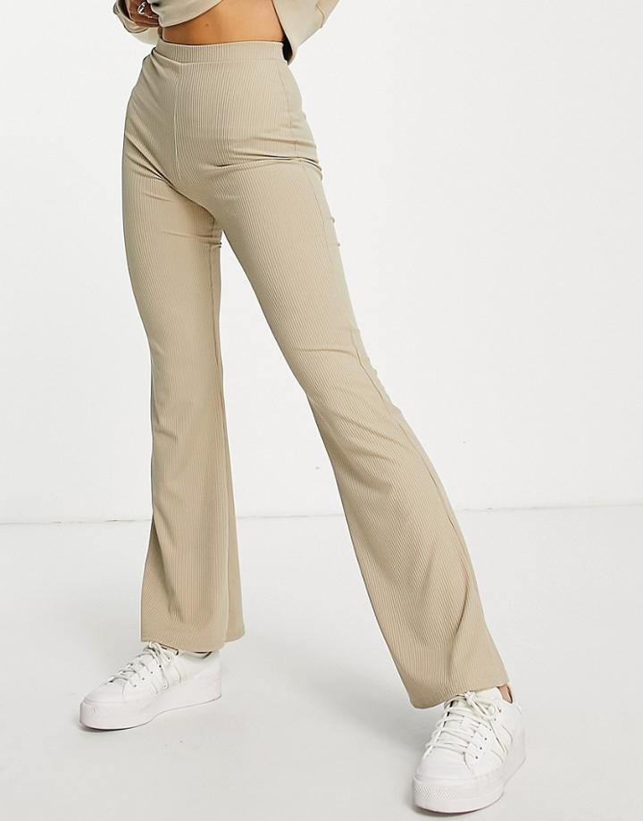 Miss Selfridge Skinny Rib Flare Pants In Mocha-neutral