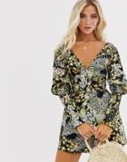 Asos Design Shirred Waist And Sleeve Long Sleeve V Neck Romper