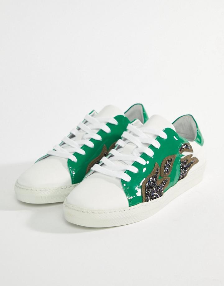 Custommade Leather Sneakers With Glitter Flame - Green