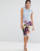 City Goddess Pencil Midi Dress In Floral Placement Print - Blue