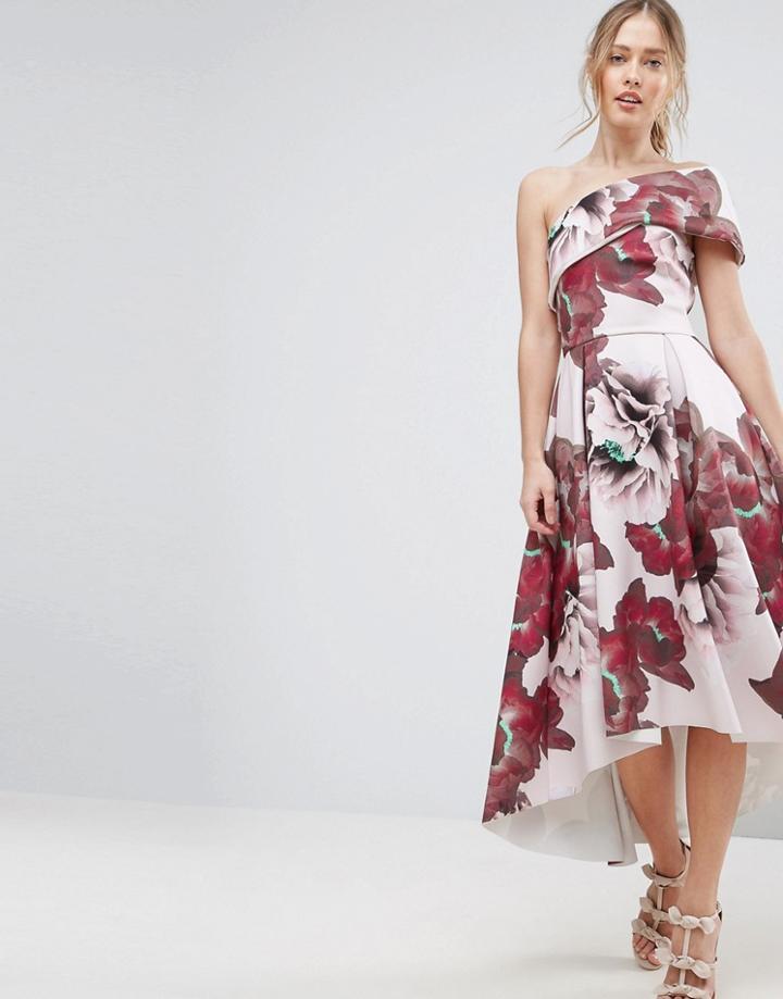 Asos Floral One Shoulder Foam Scuba Dip Back Midi Skater Dress - Multi
