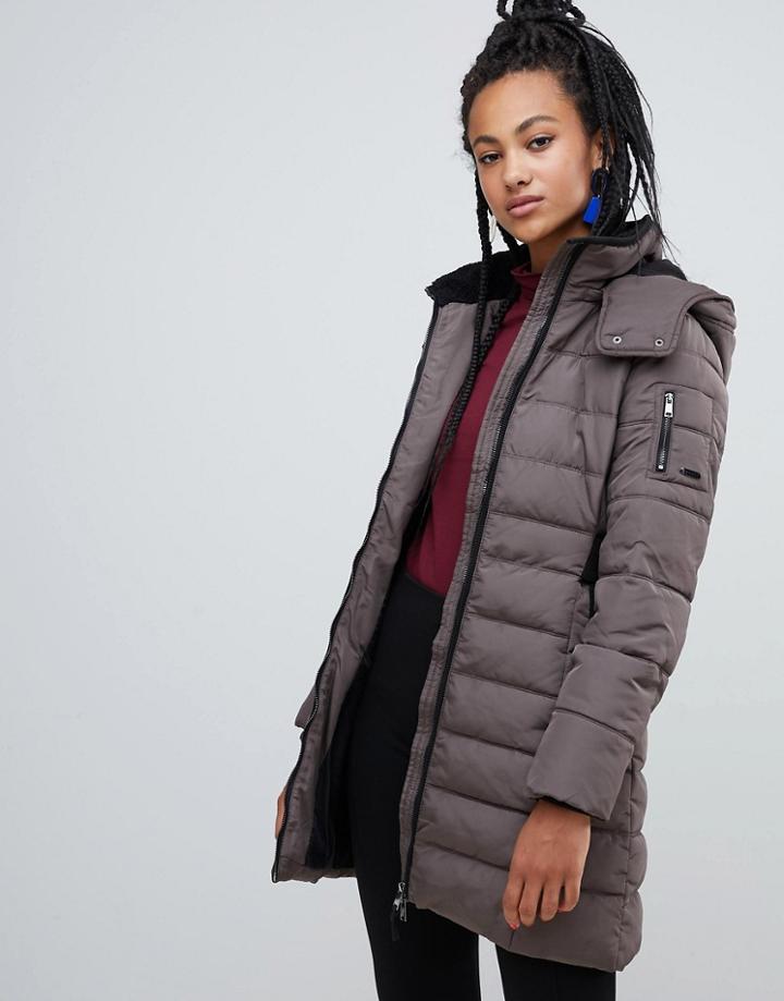 Esprit Longline Padded Jacket With Hood In Taupe - Brown