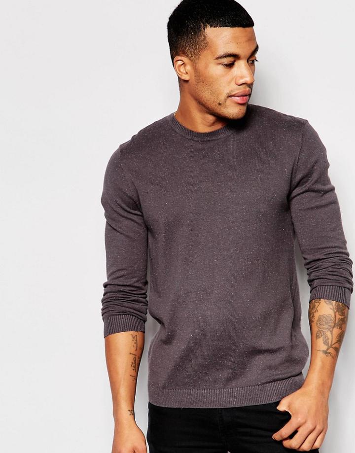 Asos Crew Neck Sweater In Gray Nep Cotton - Charc W Pink Nep