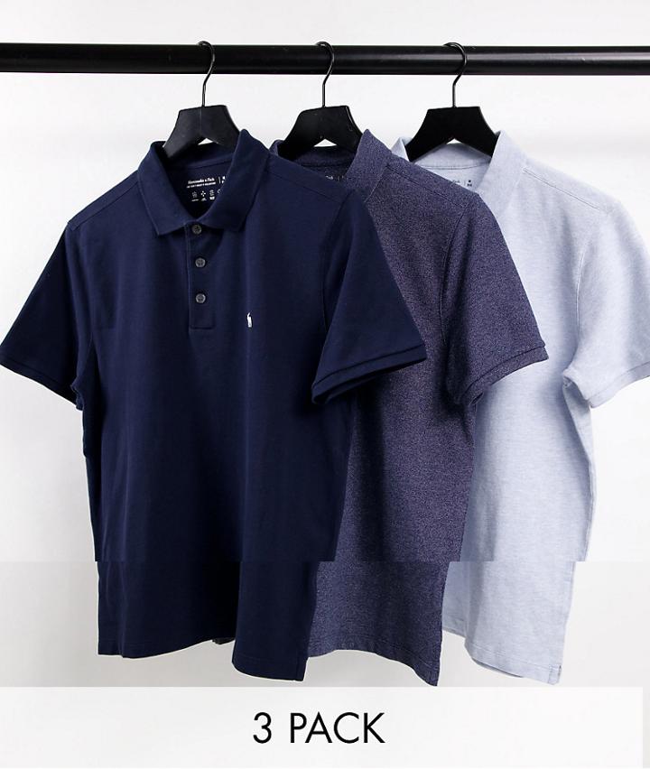 Abercrombie & Fitch 3 Pack Icon Logo Core Pique Polo In Light Blue/dark Blue Heather & Navy-multi