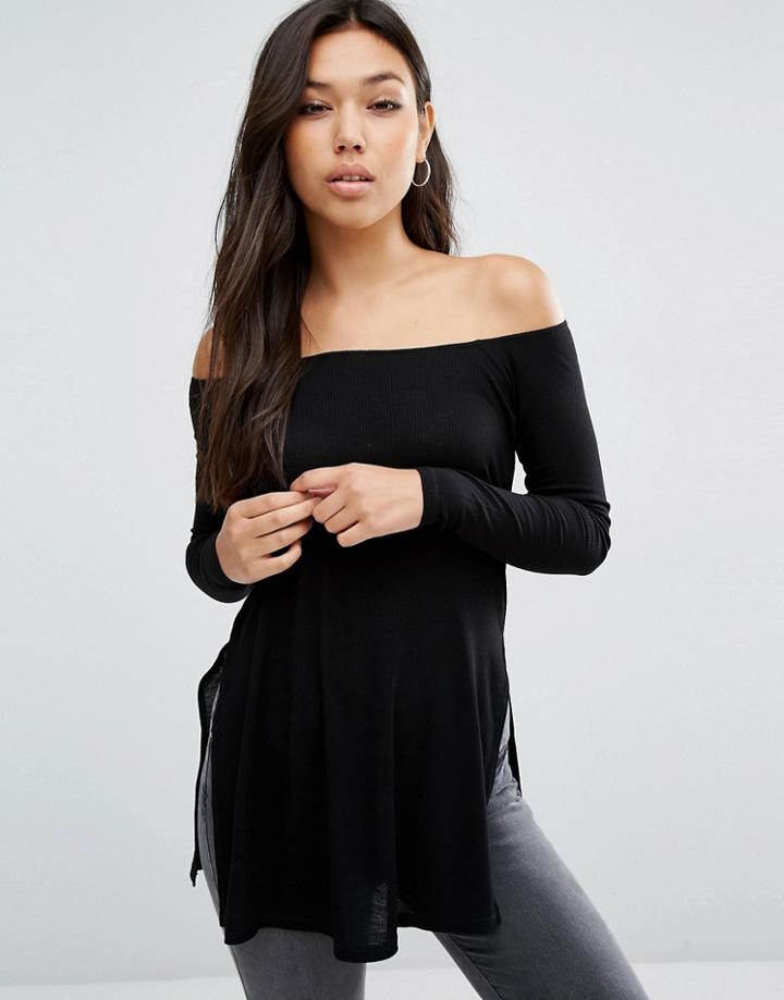 Asos Off Shoulder Slouchy Top With Side Splits - Black
