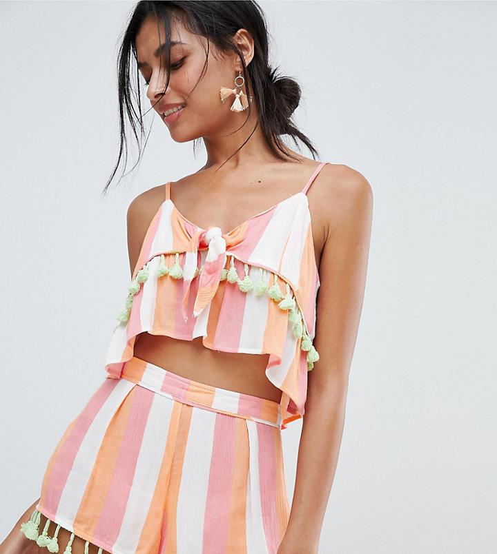 River Island Multi Stripe Tassel Detail Beach Shorts-orange