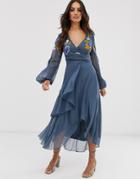 Asos Design Wrap Midi Dress With Garden Floral Embroidery - Blue