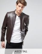 Asos Tall Leather Biker Jacket In Brown - Brown