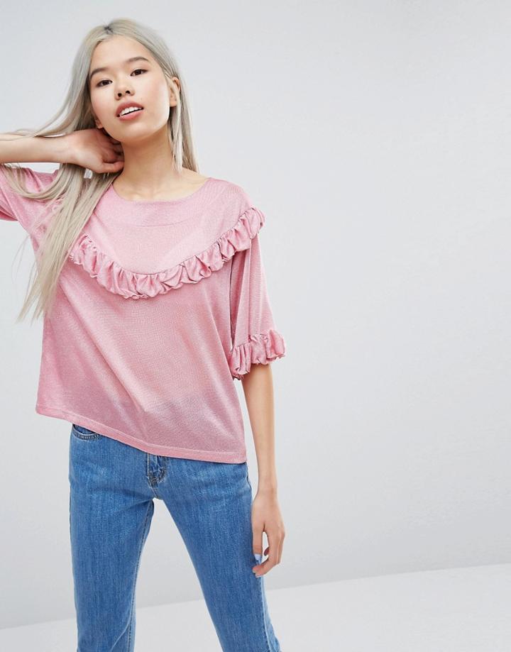 Stylenanda Oversized Glitter T-shirt With Ruffles - Pink