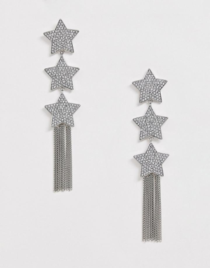 Asos Design Earrings With Crystal Star Drop And Chain Fringe In Silver Tone