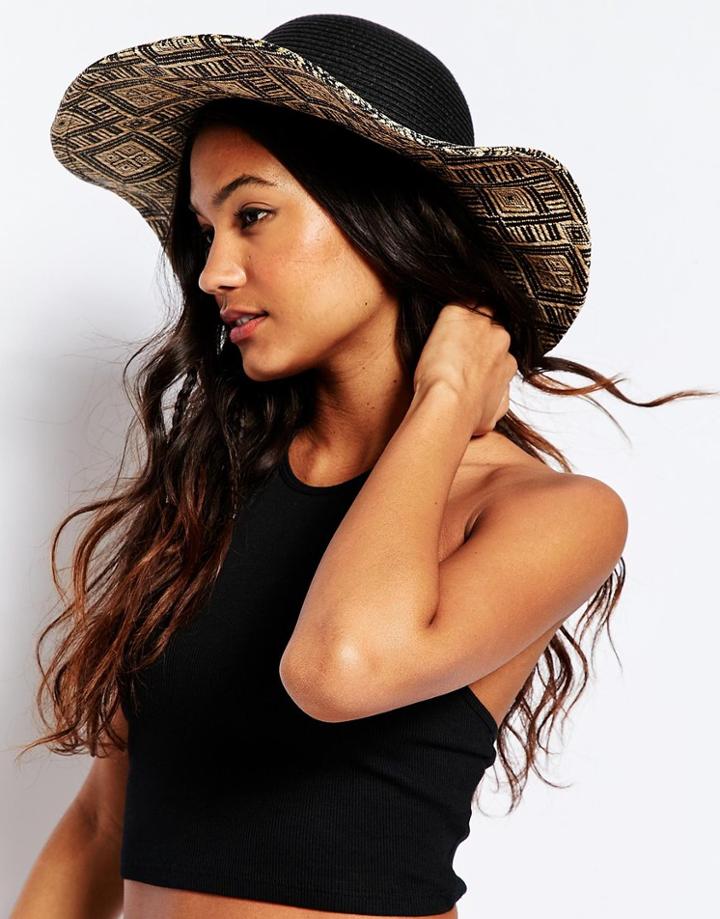 Asos Straw Floppy Hat With Geo-tribal Brim - Black