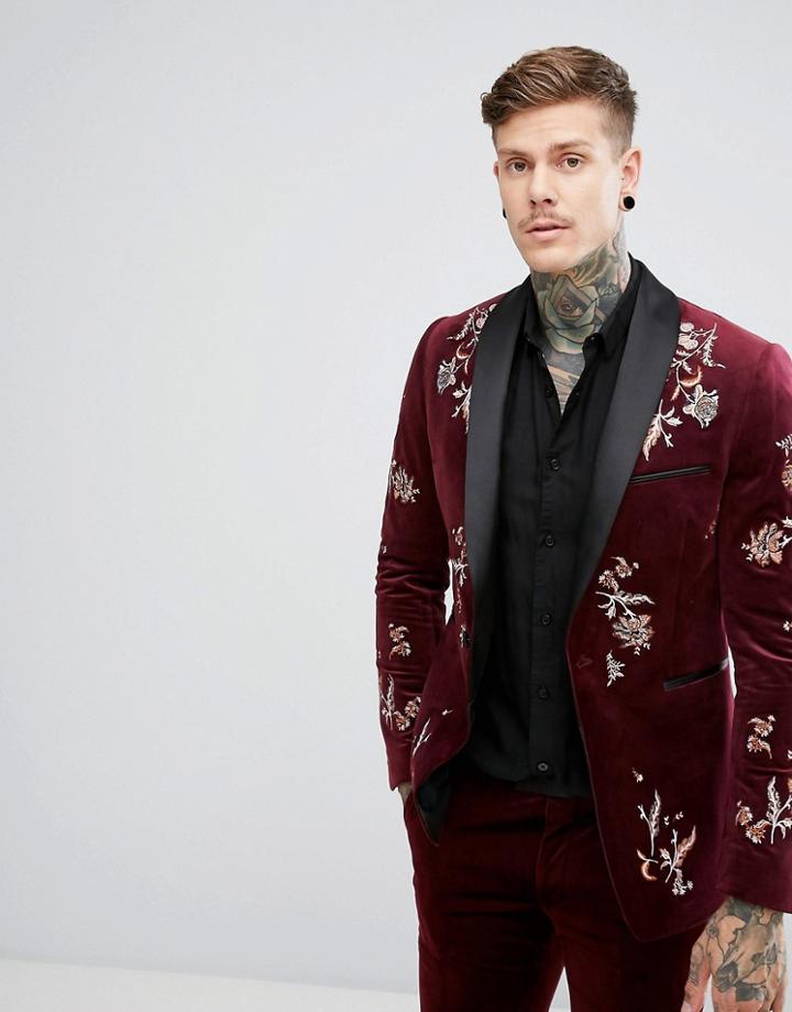 Asos Slim Blazer In Burgundy Velvet With Embroidery - Red