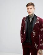 Asos Slim Blazer In Burgundy Velvet With Embroidery - Red