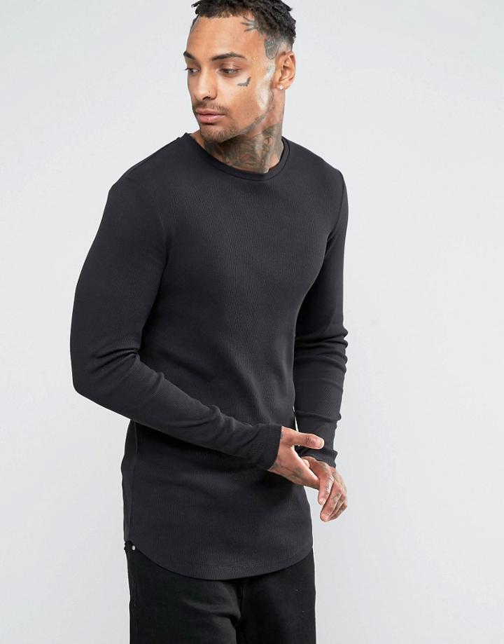 Asos Rib Super Longline Muscle Long Sleeve T-shirt With Curved Hem In Black - Black