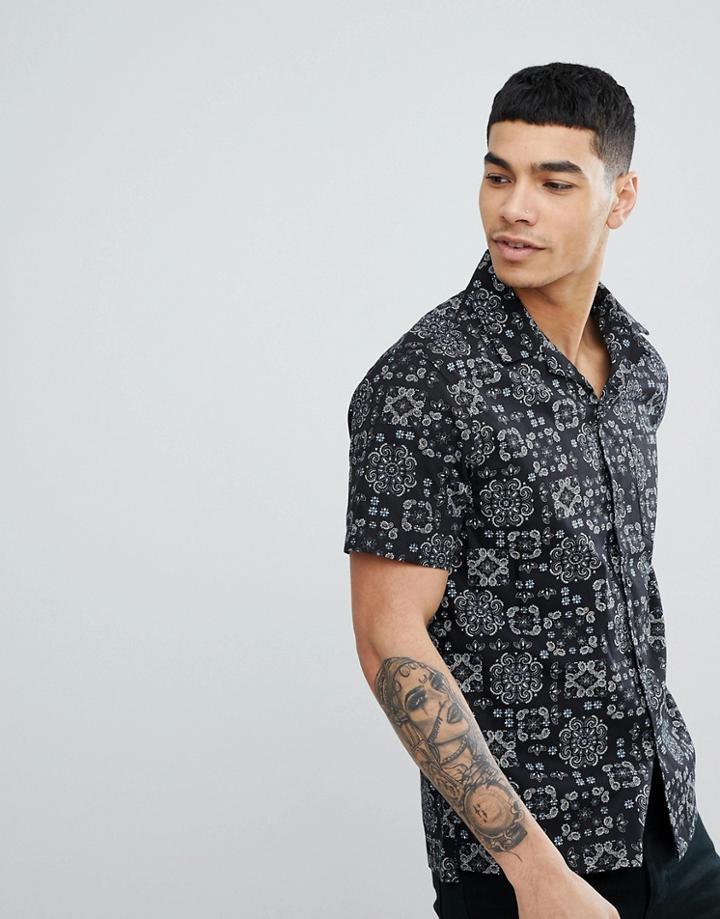 Religion Short Sleeve Revere Shirt With Bandana Print - Black