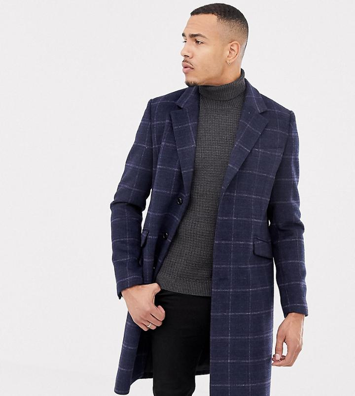 Asos Design Tall Wool Mix Overcoat In Navy Check - Navy