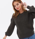 New Look Petite Volume Sleeve Sweater In Dark Gray-white