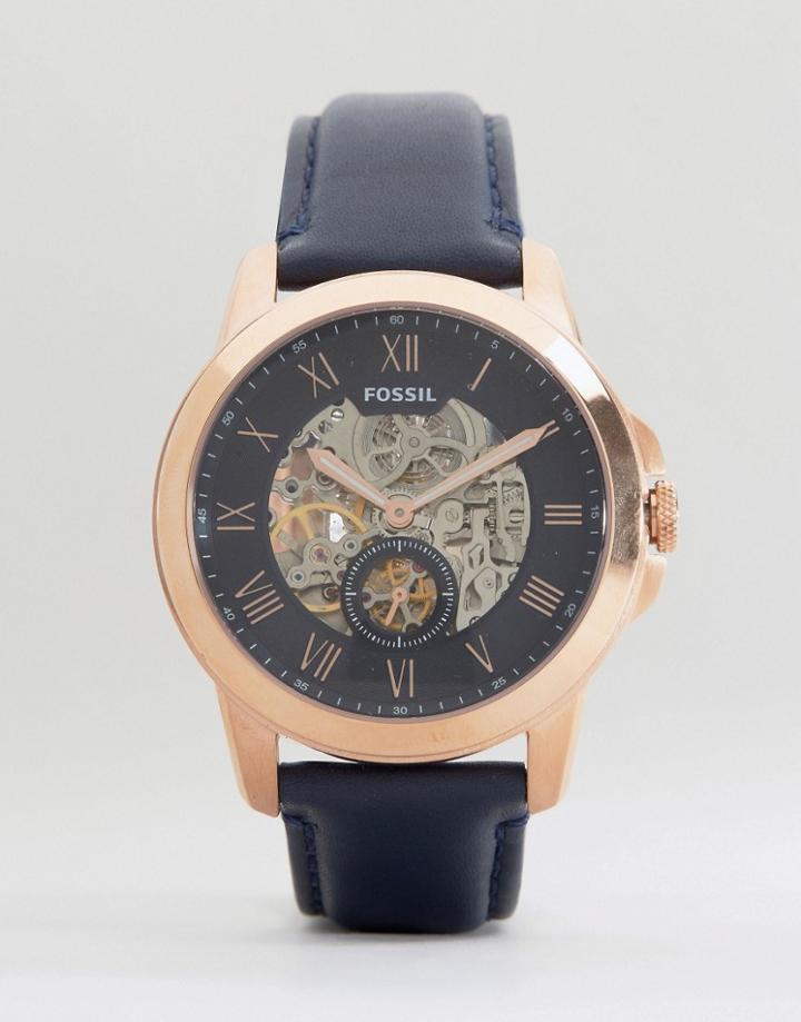 Fossil Grant Mechanical Leather Watch In Navy - Navy