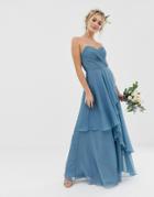 Asos Design Bridesmaid Maxi Bandeau Dress With Soft Layered Skirt-blue