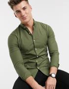 New Look Long Sleeve Muscle Fit Oxford Shirt In Khaki-green