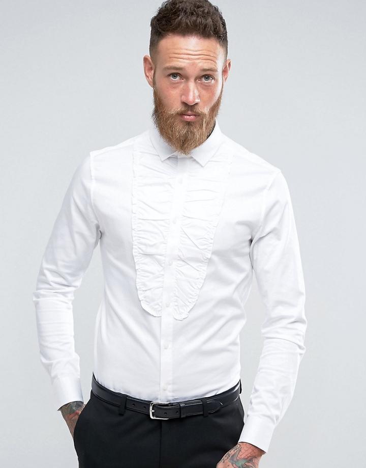 Asos Skinny Sateen Shirt With Ruffle Front - White
