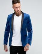 Asos Skinny Fit Blazer In Velvet In Blue - Blue