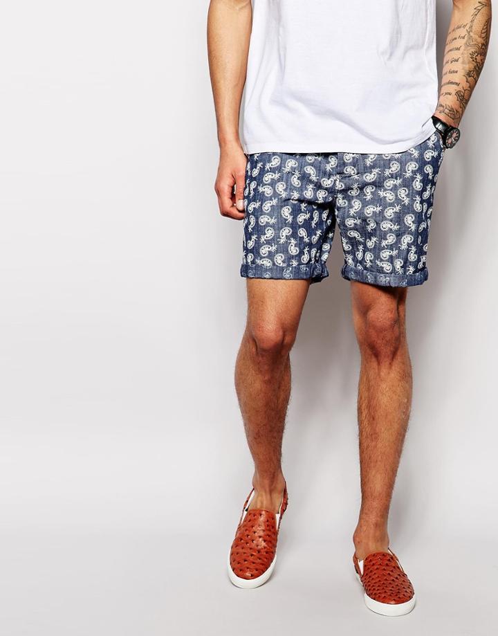 Asos Chino Shorts In Mid Length Chambray - Blue