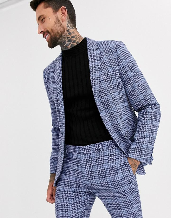 Asos Design Wedding Super Skinny Suit Jacket In Blue Wool Blend Check