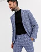 Asos Design Wedding Super Skinny Suit Jacket In Blue Wool Blend Check