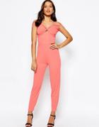 Asos Jersey Jumpsuit With Drape Halter And Peg Leg - Coral