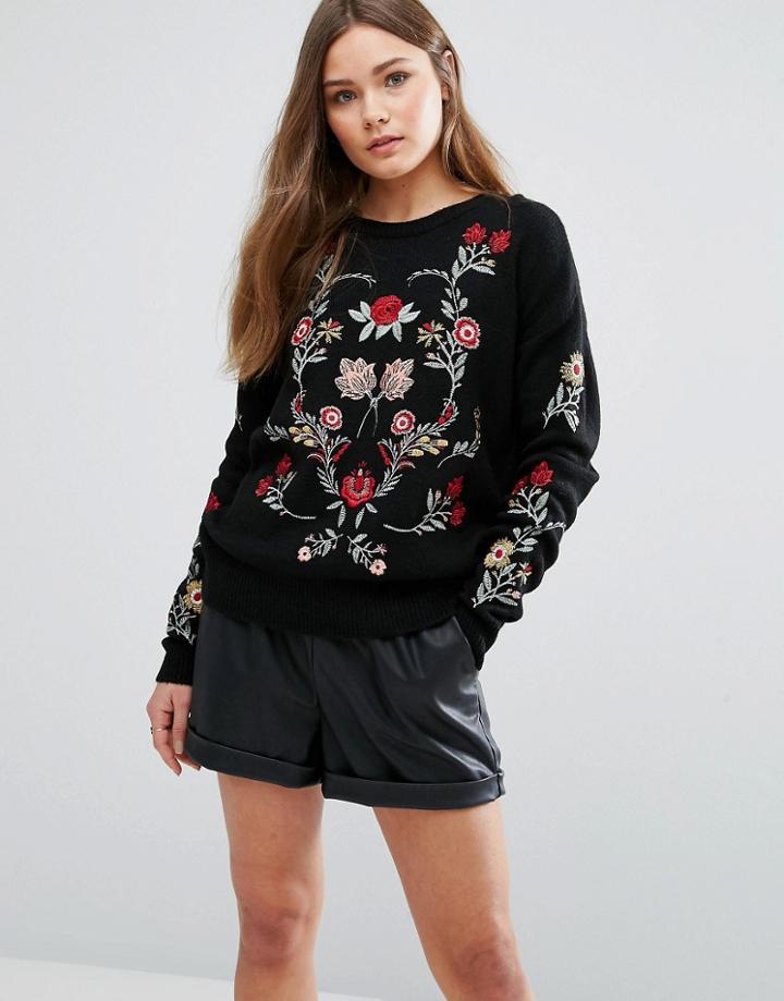 New Look Floral Embroidered Kniited Sweater - Black
