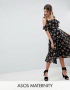 Asos Maternity Bardot Skater Midi Dress In Dark Floral - Multi