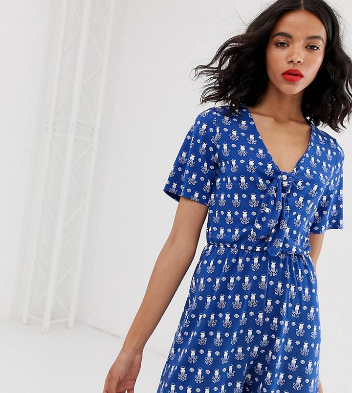 Monki Octopus Print V-neck Short Sleeve Romper In Blue - Blue