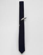 Asos Slim Tie In Navy With Feather Lapel Pin - Navy