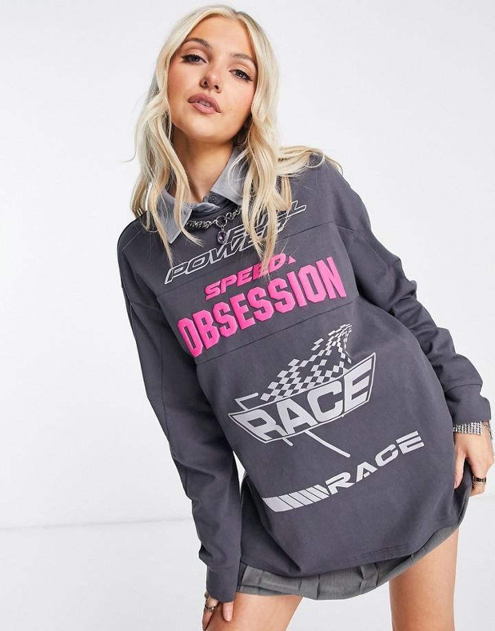 Urban Revivo Slogan Print Long Sleeve Top In Gray