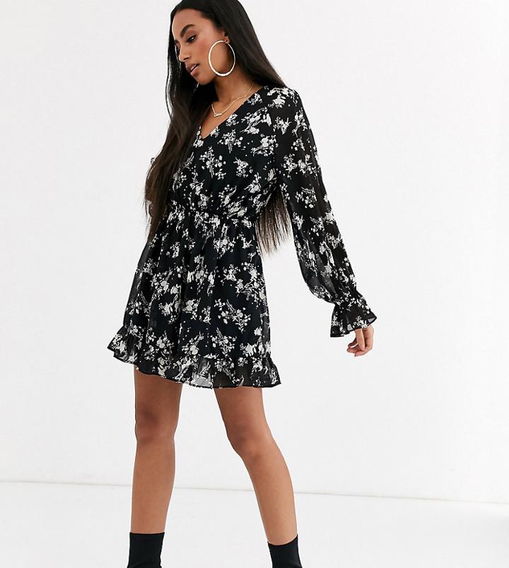 Missguided Petite V Neck Skater Dress In Black Floral