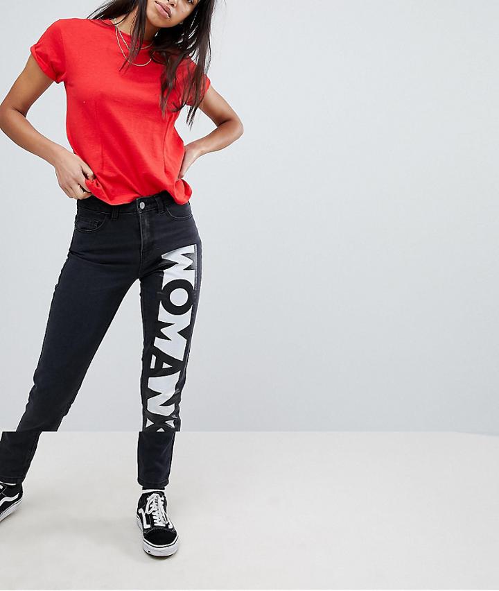 Noisy May Mom Jeans With Woman Slogan-black