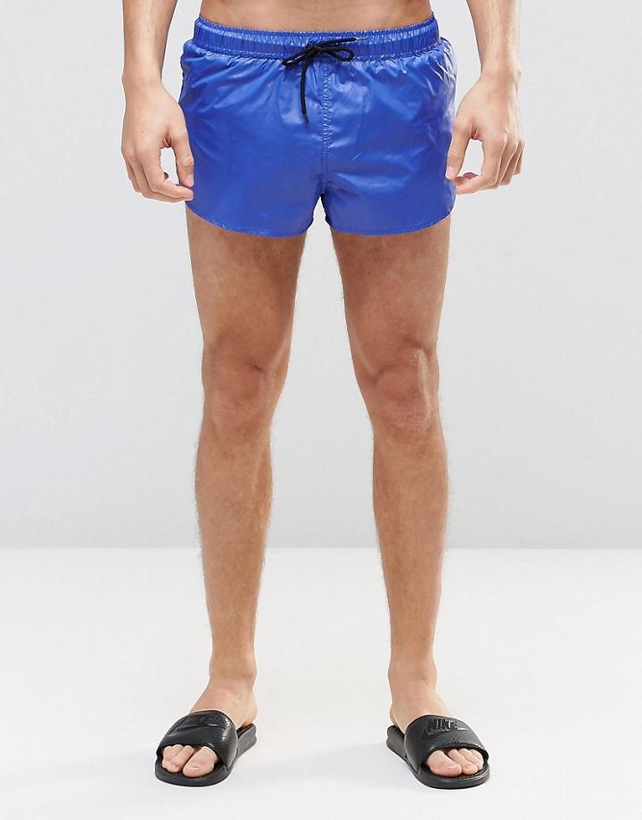Asos Super Short Length Swim Shorts In Wet Look With Side Split - Blue