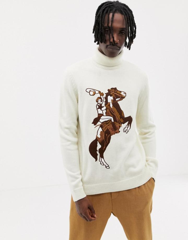 Asos Design Roll Neck Sweater In Ecru With Embroidered Cowgirl - Cream