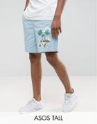 Asos Tall Slim Shorts With Elasticated Waist And Beach Placement Print - Blue