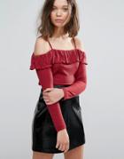 Daisy Street Off The Shoulder Ruffle Top In Rib - Red